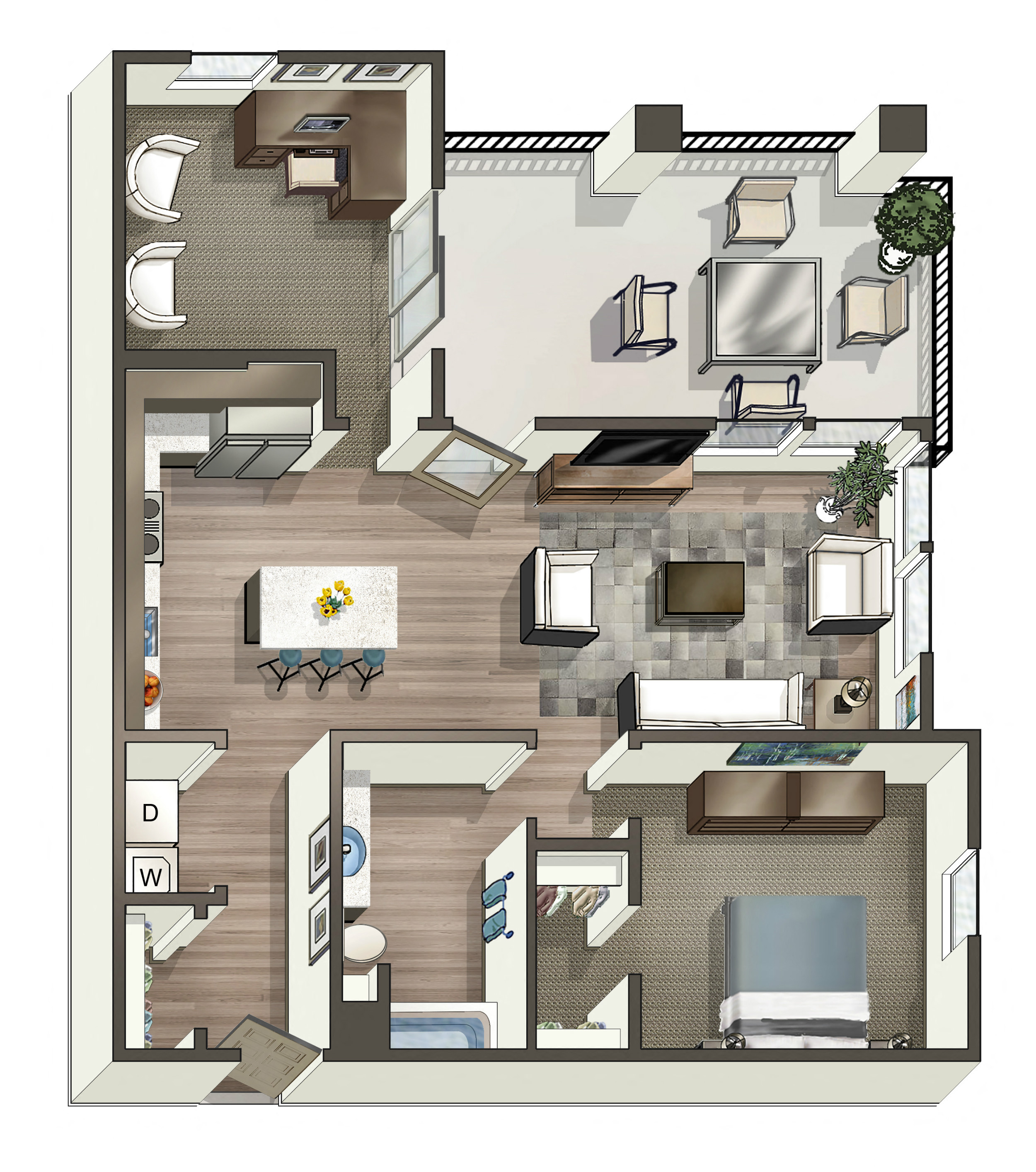 Floor plan for 1 bed, 1 bath, 893 sqft